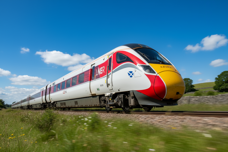 LNER Azuma train on tracks with green fields and blue sky.