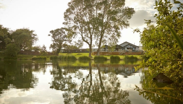 Building at Rookley by a body of water with trees and reflections.