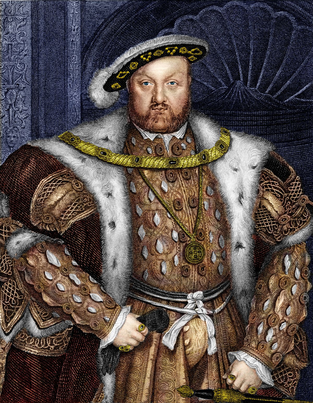 King Henry VIII of England reigned from 1509 to 1547.  One of the most famous monarchs of England, he launched of the English Reformation and broke with the Church in Rome, creating the Church of England.  He had six wives including Anne Boleyn.  Note engraving from 1855 photo and toning by d walker