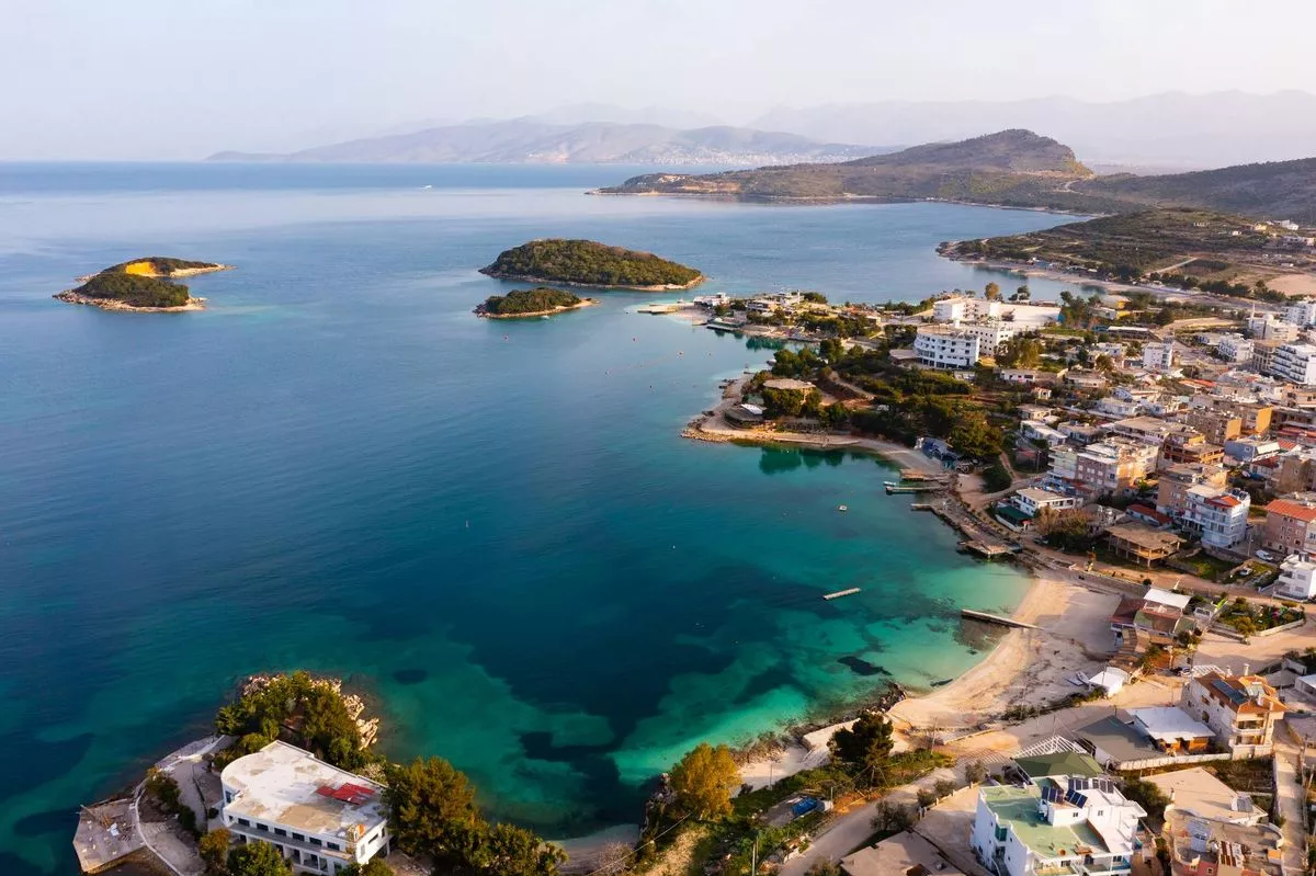 A drone view of Albania resort in Ksamil, Albania, showing the beach and the coastal area