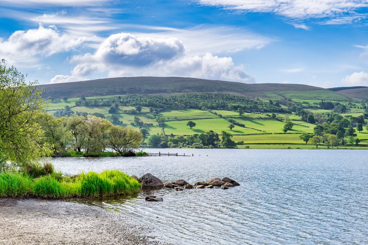 The head of Bala Lake, Llyn Tegid, in North Wales, on a fine spring evening.