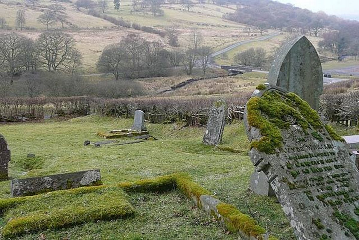 An image depicting a serene cemetery surrounded by a verdant field and rolling hills under a cloudy sky.
