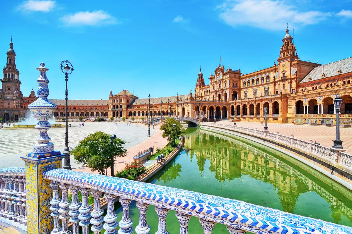 The Plaza de Espana, built in 1928, is a plaza in the Parque de Maria Luisa in Seville, Spain