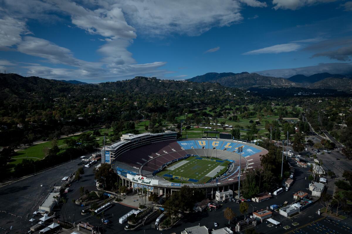 An aerial view of the Rose Bowl in Pasadena.