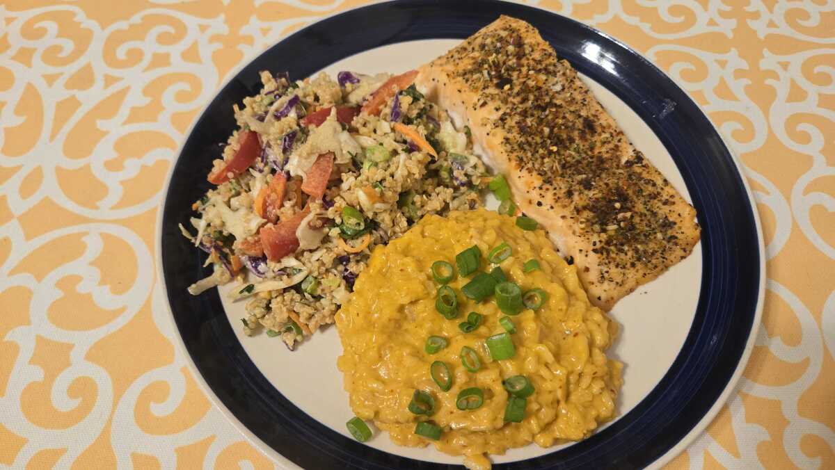 Salmon with Thai coconut curry risotto.