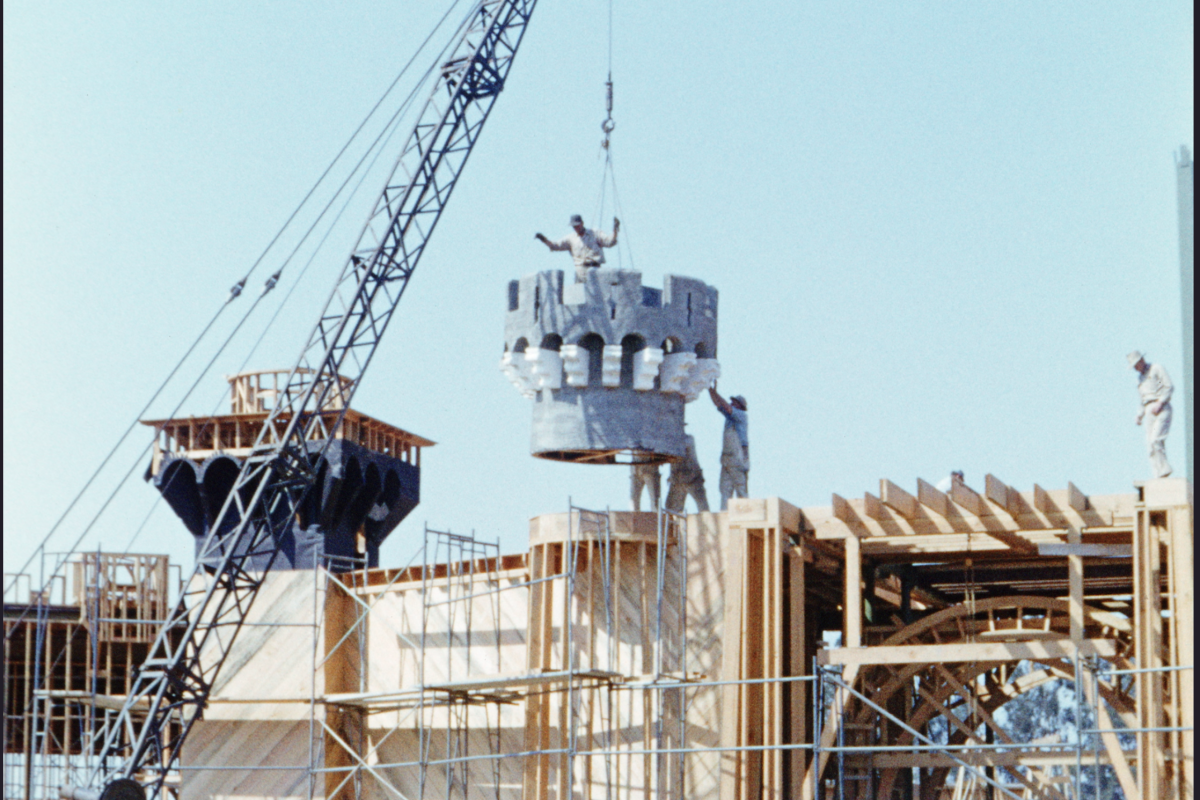 A glimpse of Sleeping Beauty Castle under construction.