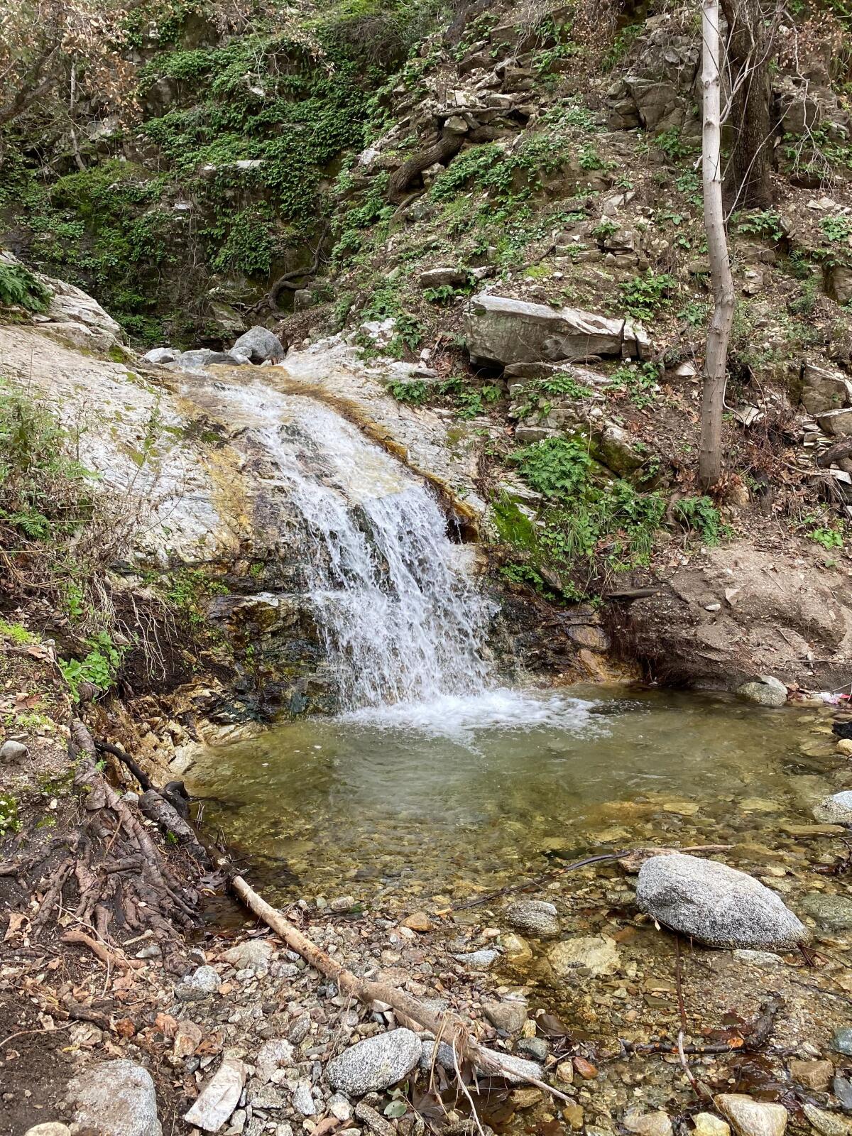 A short cascade of clear water into a deep pool.