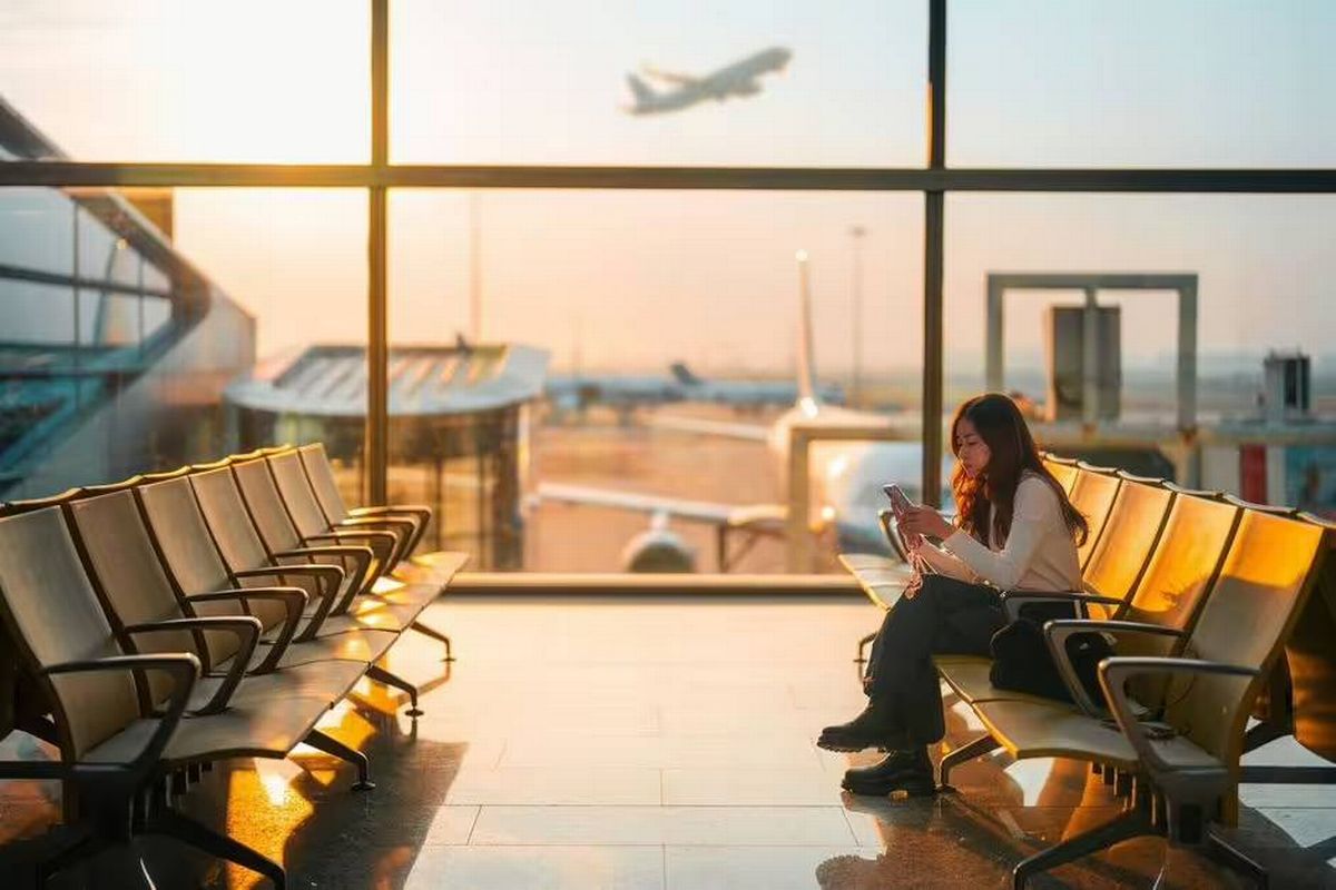 A woman checking her details at the airport