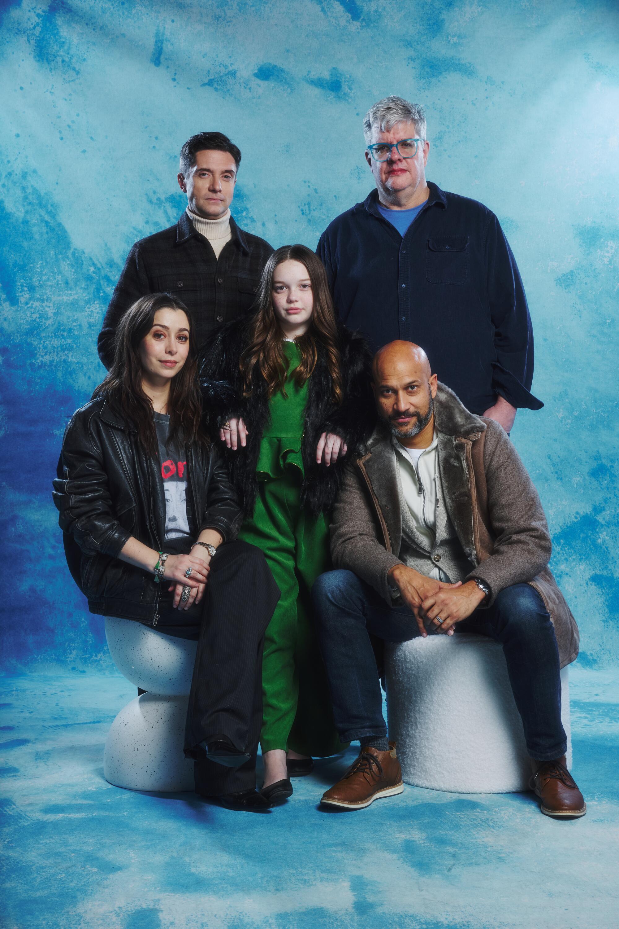 Topher Grace, Casper Kelly, center, Delaney Quinn, (front row) Cristin Milioti and Keegan-Michael Key of "Buddy."