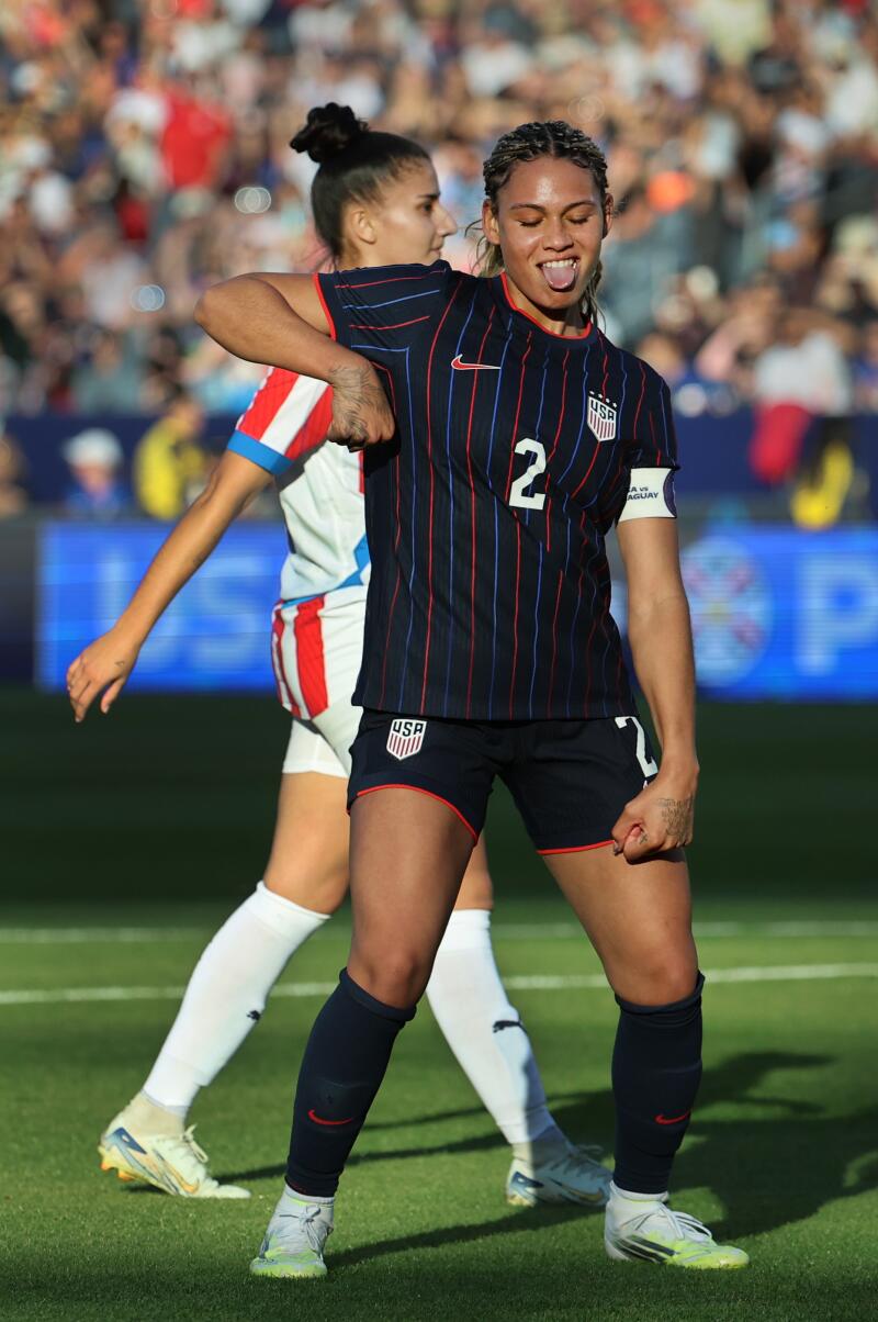 U.S. midfielder Trinity Rodman celebrates after scoring in the second half against Paraguay on Saturday.