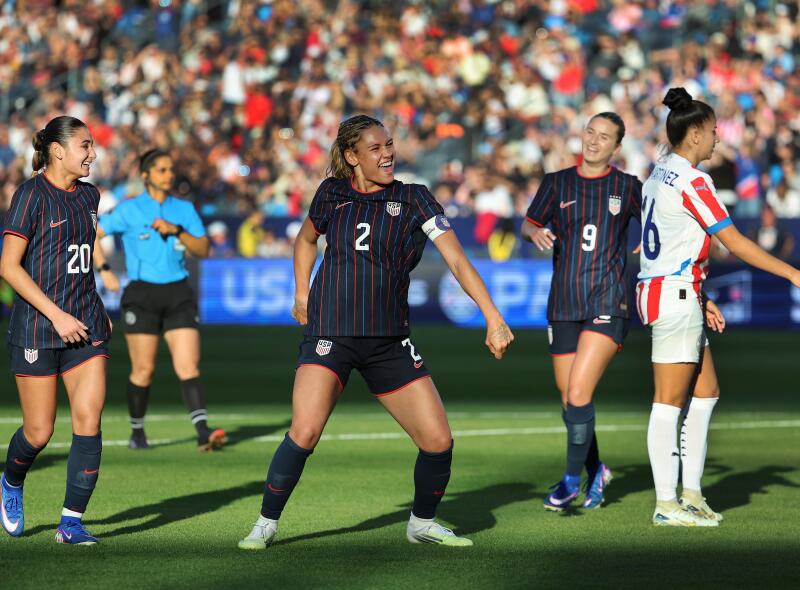U.S. midfielder Trinity Rodman celebrates after scoring in the first half against Paraguay on Saturday.