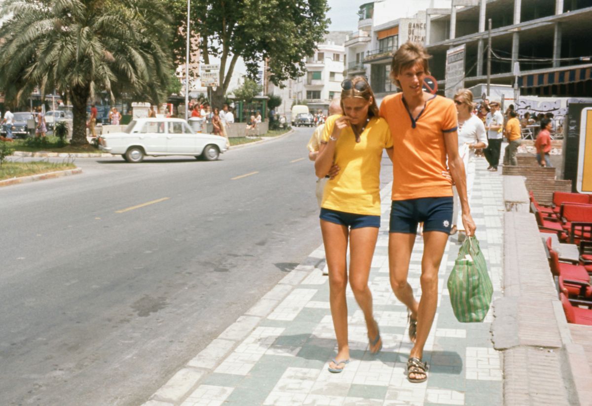 Tourists in Torremolinos, 1966, Malaga, Andalusia, Spain