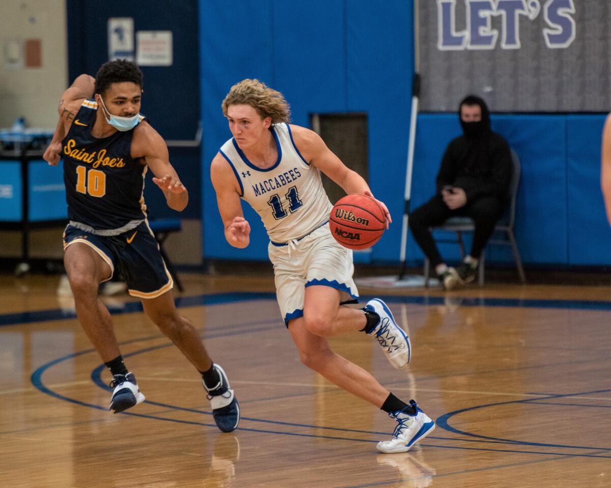 Yeshiva's Ryan Turell brings the ball up court against St. Joseph's Anton Jansson.