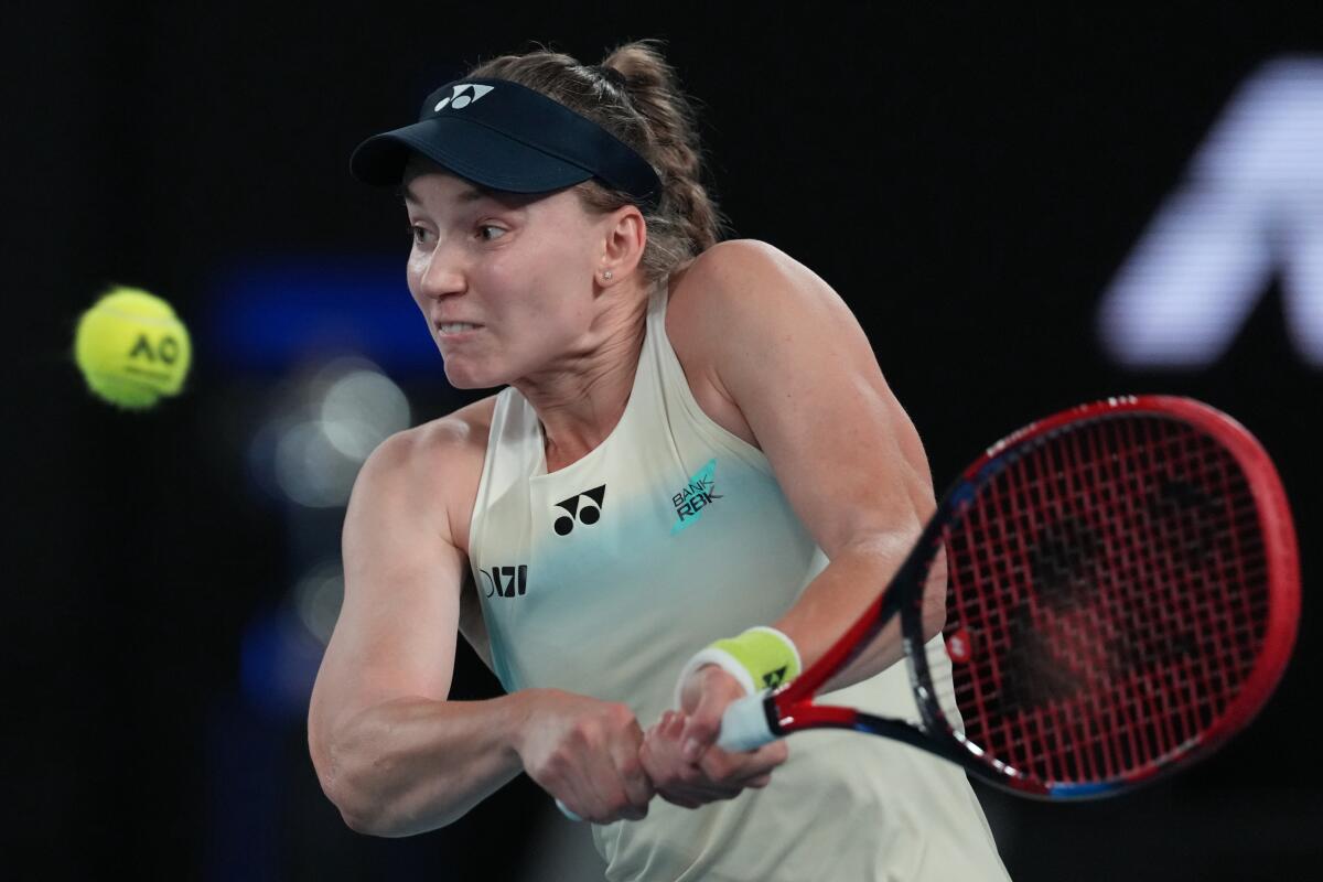 Elena Rybakina plays a backhand return during the women's singles final at the Australian Open on Saturday.