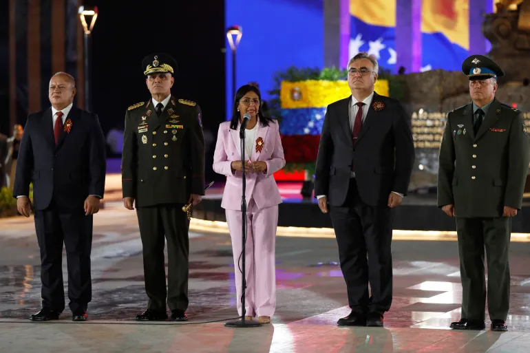 Venezuela's Interior Minister Diosdado Cabello, left, Defense Minister Vladimir Padrino Lopez, second from left, Vice President Delcy Rodriguez, center, and Russian Ambassador to Venezuela Sergey Melik-Bagdasarov, second from right, inaugurate a monument commemorating the 80th anniversary of the Soviet Union's victory over Nazi Germany in World War II in Caracas, Venezuela, Tuesday, May 13, 2025.(AP Photo/Cristian Hernandez)
