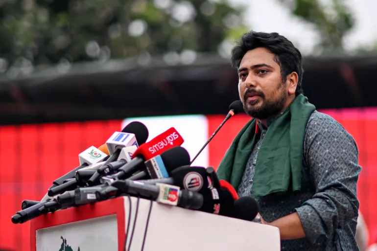 Leader of National Citizen Party (NCP), Nahid Islam, addresses supporters during a political rally in Dhaka, Bangladesh, Sunday, Aug. 3, 2025. (AP Photo/Mahmud Hossain Opu)
