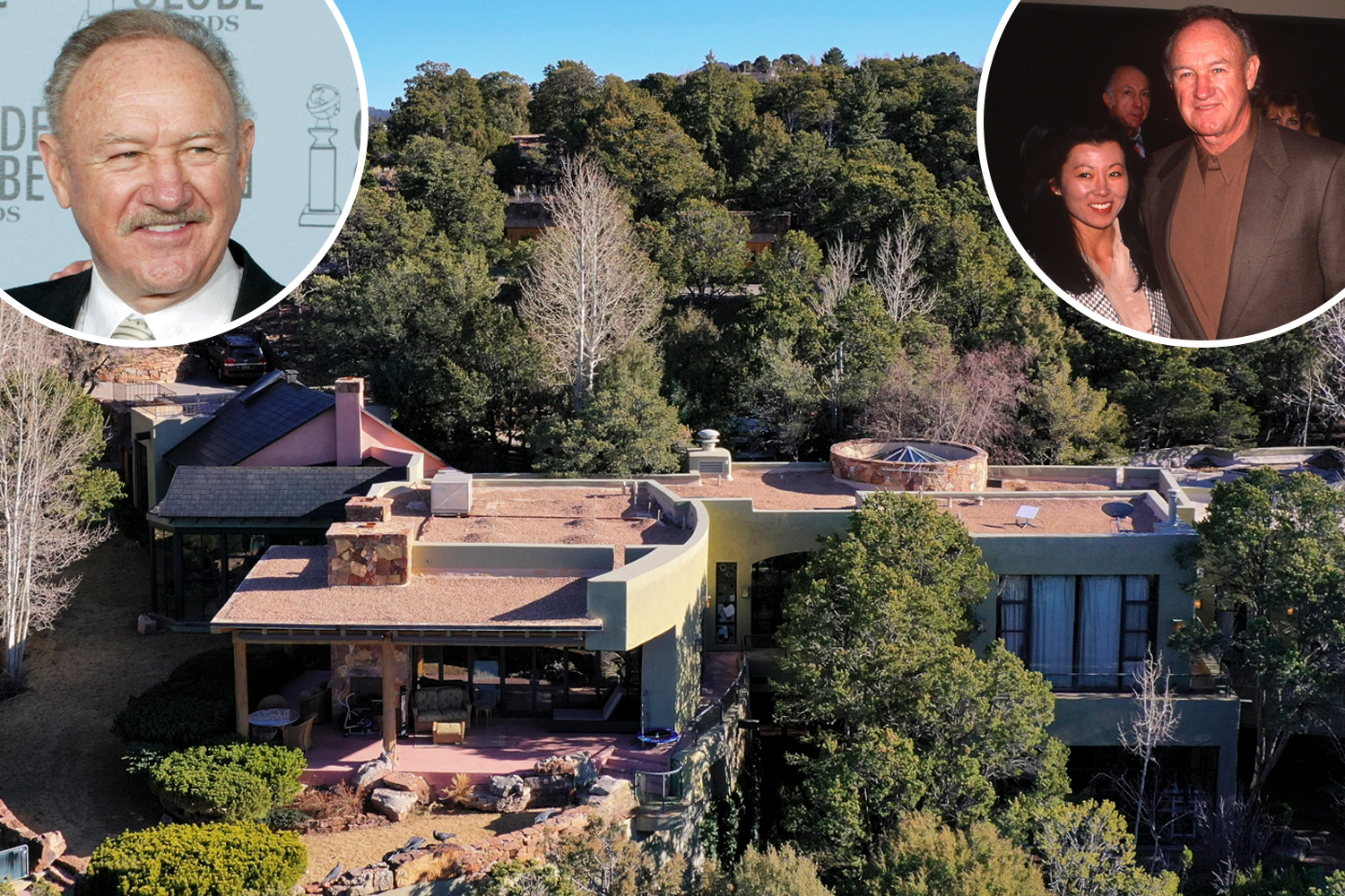 Collage of Gene Hackman's compound with two inset portraits of Hackman.
