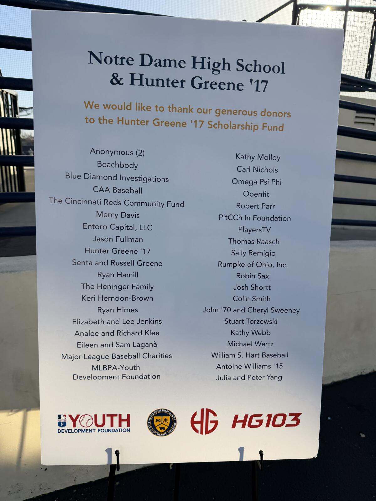 Donors list for the Hunter Greene Scholarship Fund at Sherman Oaks Notre Dame.