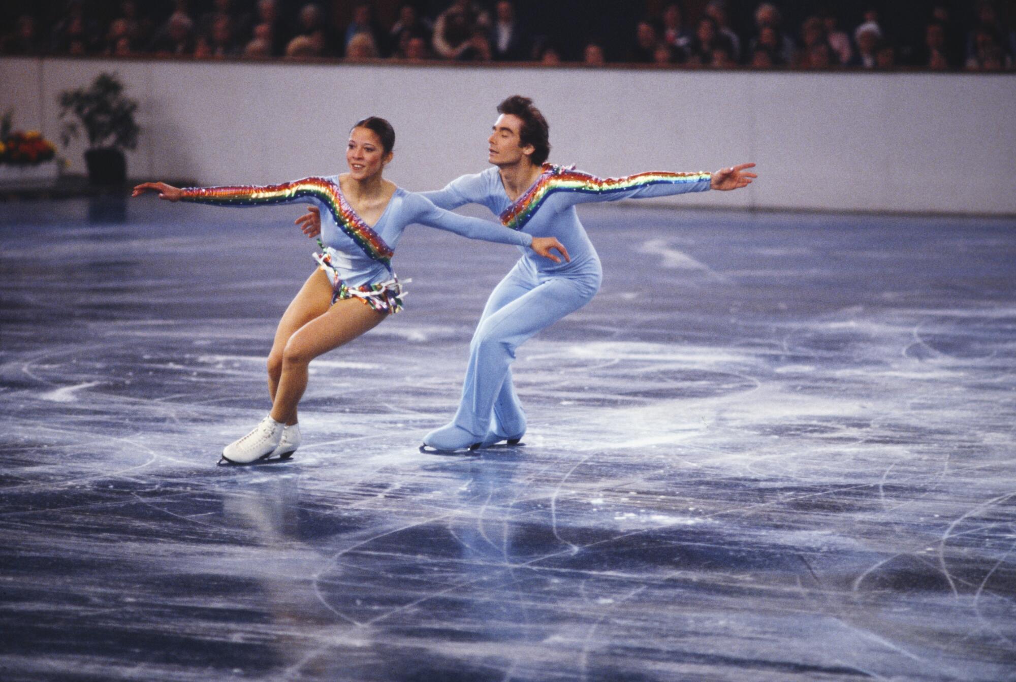 American figure skating duo Randy Gardner and Tai Babilonia in action.