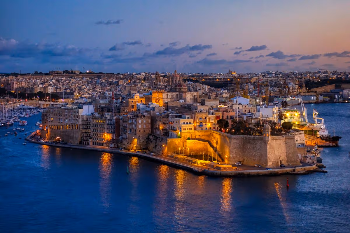 Valletta - Malta. Panoramic view of Valletta during a winter sunset.