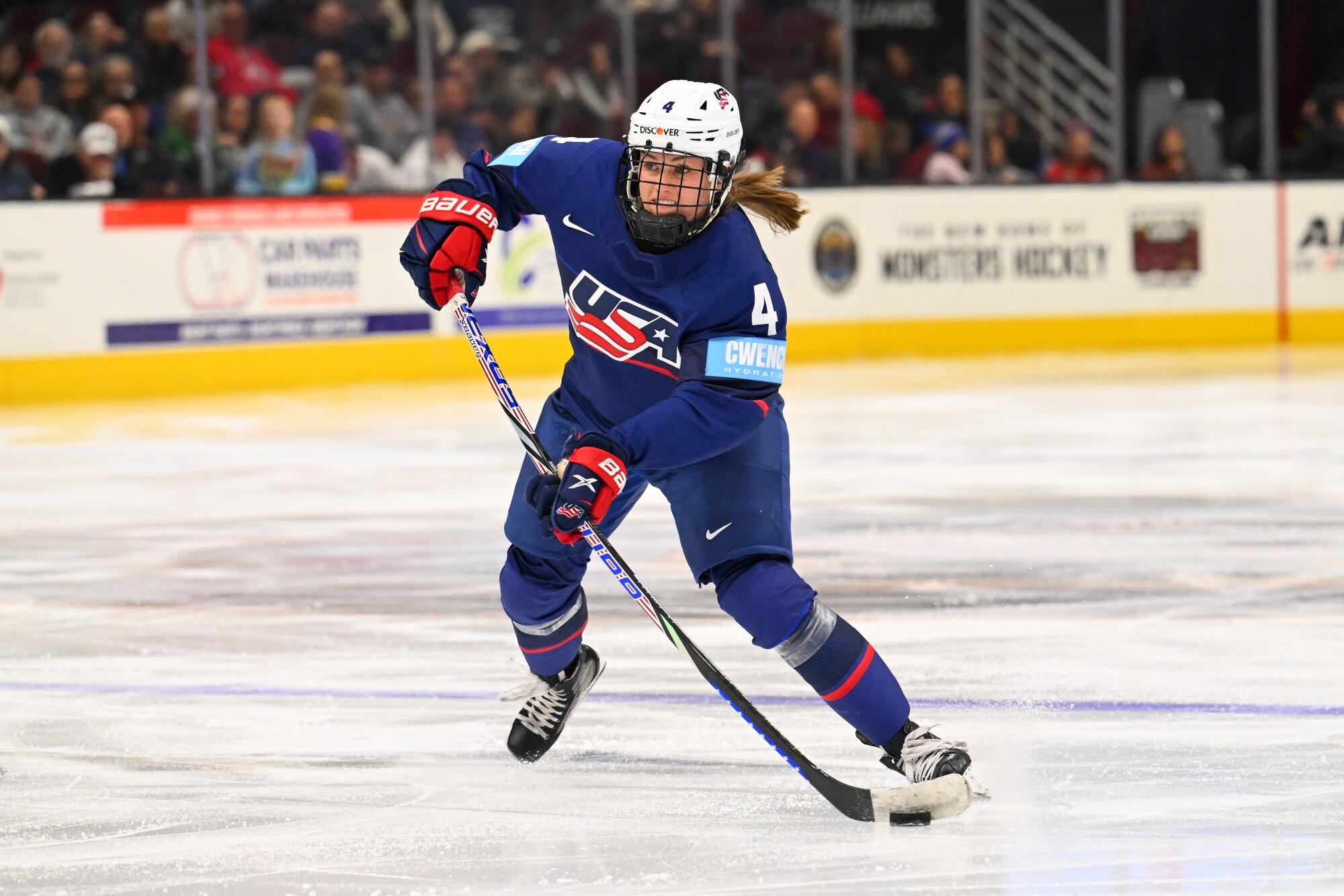 U.S. defenseman Caroline Harvey shoots during a Rivalry Series game against Canada in November.