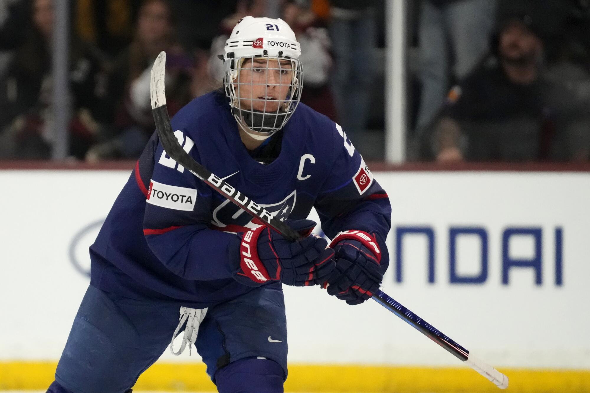 U.S. forward Hilary Knight skates to the bench after scoring against Canada in November 2023.